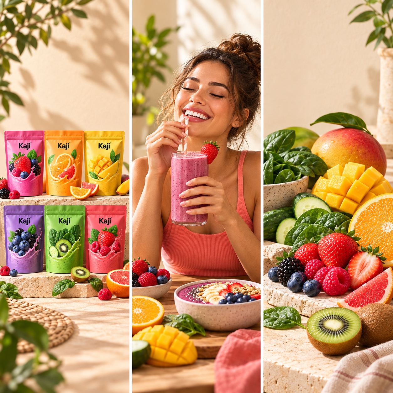 Une personne découvre Kaji entourée de fruits et légumes frais