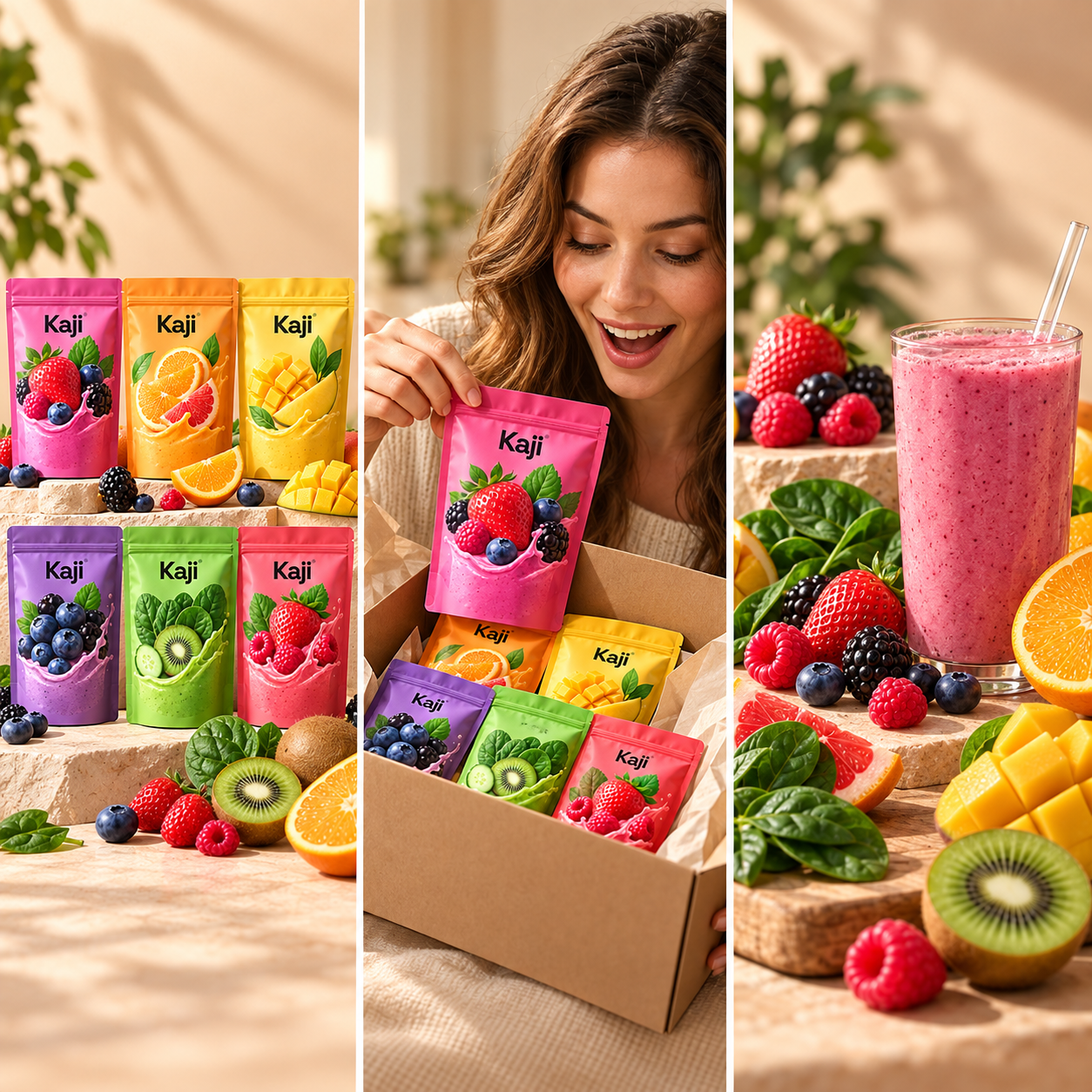 Trois scènes Kaji avec packs, smoothie et fruits frais