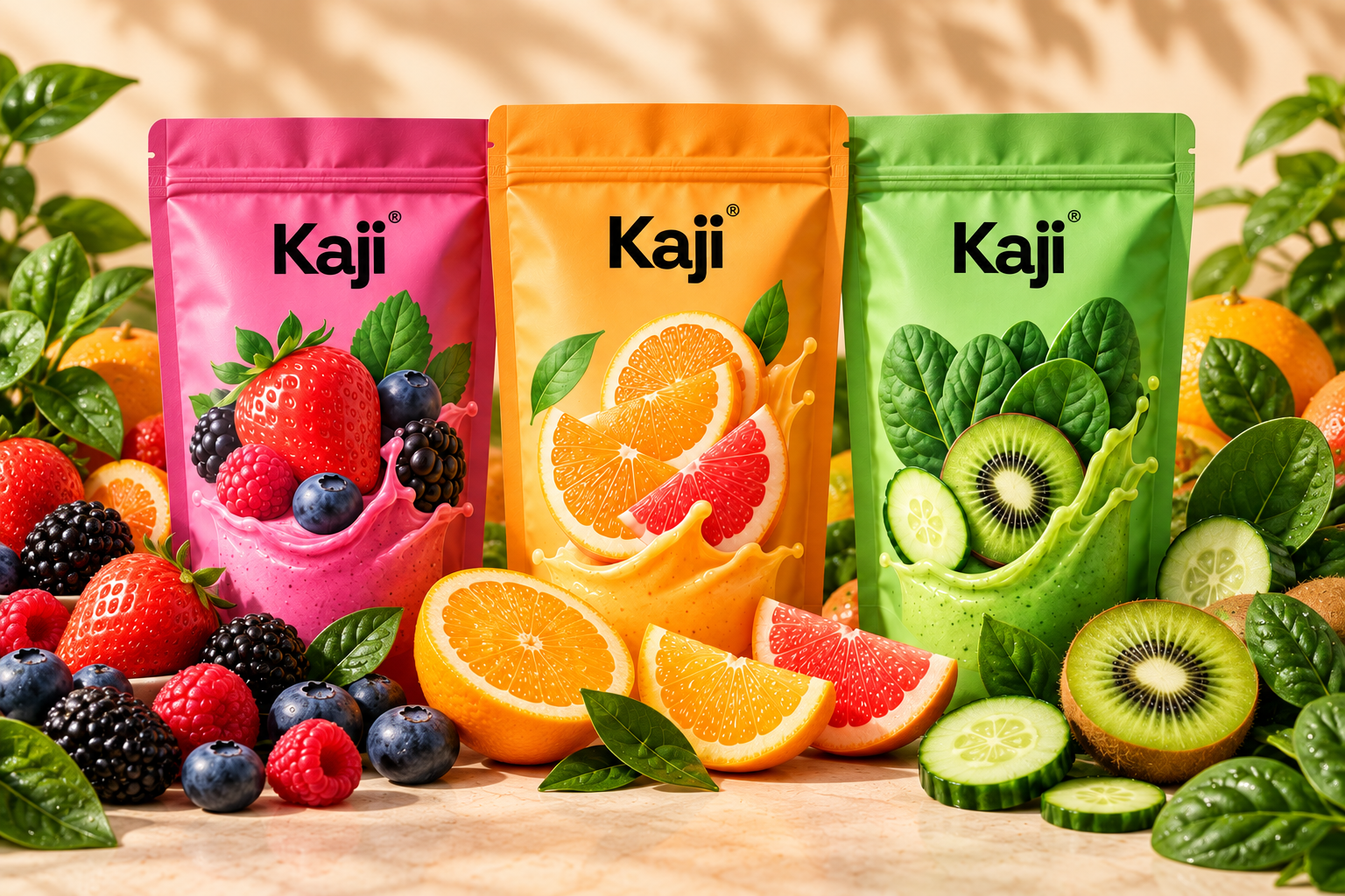 Kit Bien-être Kaji, trois sachets et 90 doses entourés de fruits et légumes