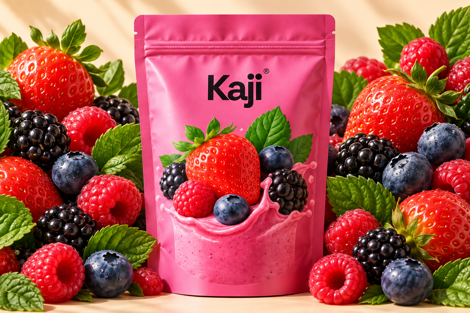 Kit Découverte Kaji, un sachet et 30 doses entouré de fruits rouges