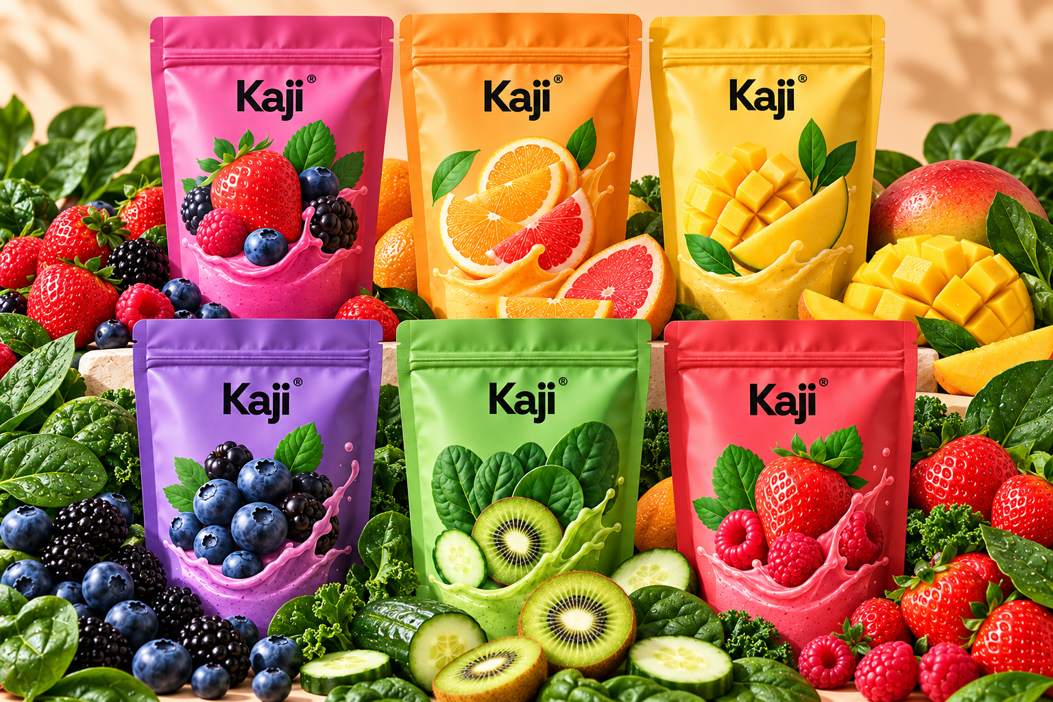 Kit Santé Kaji, six sachets et 180 doses entourés de fruits et légumes